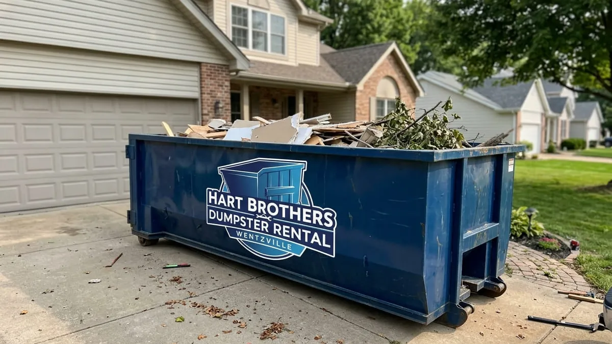 Hart Brothers Dumpster Rental crew standing with a roll-off truck and 30 yard dumpster in a Wentzville, MO driveway Hart Brothers Dumpster Rental crew standing with a roll-off truck and 30 yard dumpster in a Wentzville, MO driveway